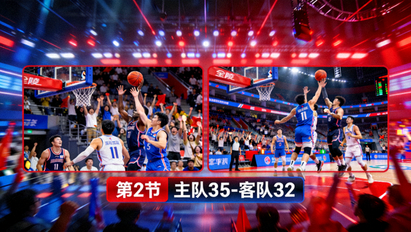 赛事直播画面与实时比分面板同屏展示，比赛现场气氛紧张
